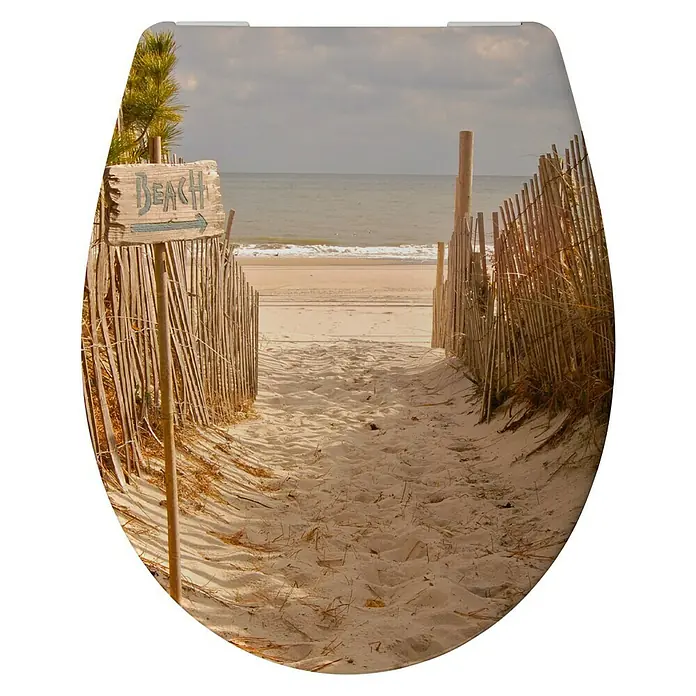 Poseidon WC-Sitz Playa - Duroplast, Beige/Braun, Mit Absenkautomatik - WC-Sitz mit malerischem Strandweg-Motiv, der einen Hauch von Küstenruhe in Ihr Badezimmer bringt. Hochwertige Verarbeitung für Komfort.