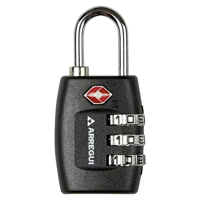 Arregui Candado con combinación A-1313070 - An x Al: 30 x 56,5 mm, Número de dígitos en combinación: 3 ud., Negro - Primer plano de un candado de combinación Arregui con tres diales, ideal para viajes seguros.