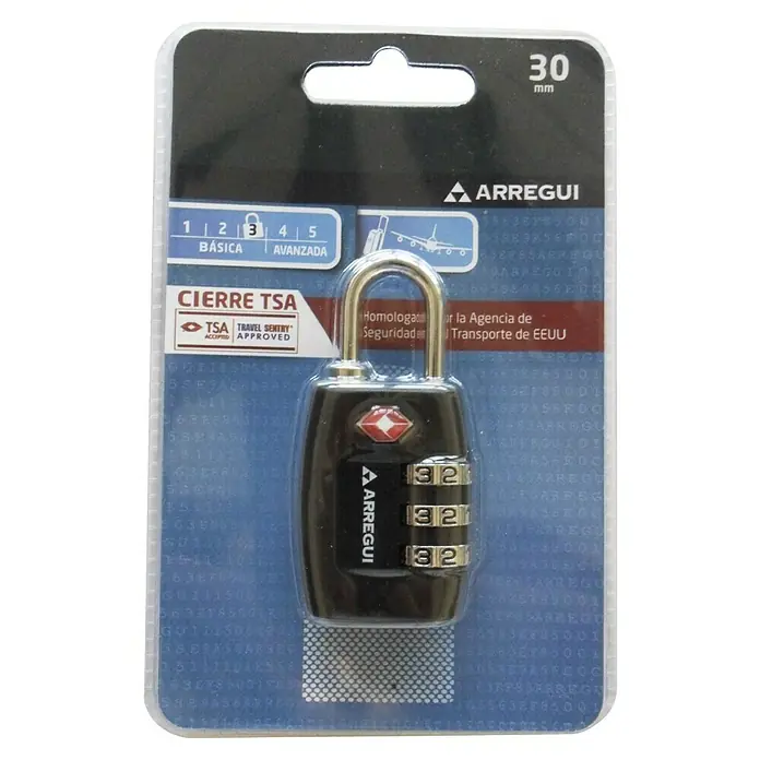Arregui Candado con combinación A-1313070 - An x Al: 30 x 56,5 mm, Número de dígitos en combinación: 3 ud., Negro - Imagen de un candado de combinación TSA Arregui negro con un código de tres dígitos y un arco plateado, empaquetado en blíster.
