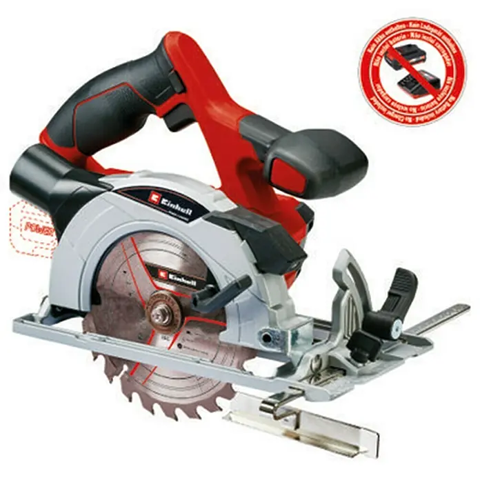 Einhell PXC 18V Sierra circular de batería TE-CS 18/165 Li – Solo - 18 V, Sin batería, Número de revoluciones de marcha en vacío: 4.200 r.p.m. - Imagen de una sierra circular a batería Einhell, rojo-negro-plata, para cortes de madera precisos. Ideal para aficionados y profesionales.