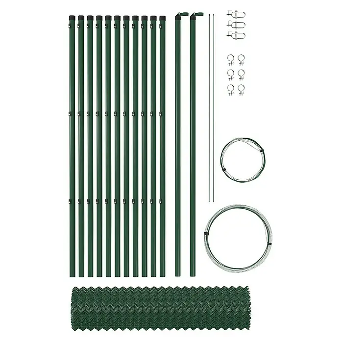 Hadra Maschendrahtzaun-Set - 25 x 0,8 m, Drahtstärke: 2,8 mm, Grün, Beschichtet - Eine Nahaufnahme eines dunkelgrünen Zaunsets, das aus Pfosten, Gelenken, Draht und Befestigungselementen besteht. Ideal für Garten- und Landschaftsbauprojekte.