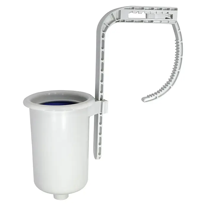 Einhängeskimmer - Geeignet für: Aufstellpools, Einhängen - Das Bild zeigt einen weißen WC-Reiniger-Behälter mit einem Einhängevorrichtung. Das Produkt ist zur hygienischen Reinigung und Desinfektion von Toiletten vorgesehen.