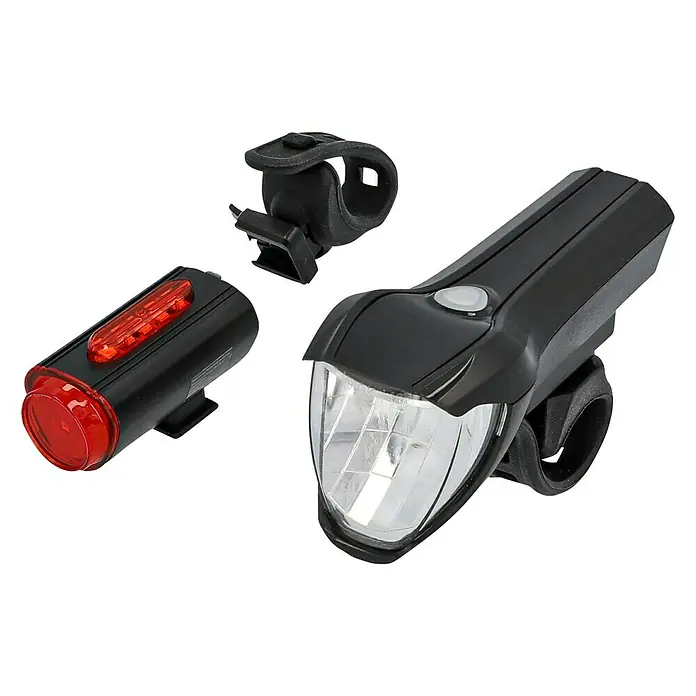 Fischer LED-Akkuleuchten-Set Twin - 5 -tlg., Beleuchtungsstärke: 50 lx, Leuchtdauer: 4 h, Spritzwassergeschützt - Fahrradbeleuchtungsset mit Vorder- und Rücklicht für erhöhte Sicherheit und Sichtbarkeit im Straßenverkehr.
