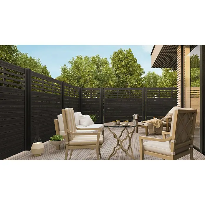 Andrewex Sichtschutzelement Soho - B x H: 180 x 180 cm, Anthrazit - Eine moderne, schwarze Holzzaun-Lösung für den Außenbereich, die Privatsphäre und stilvolles Design vereint.