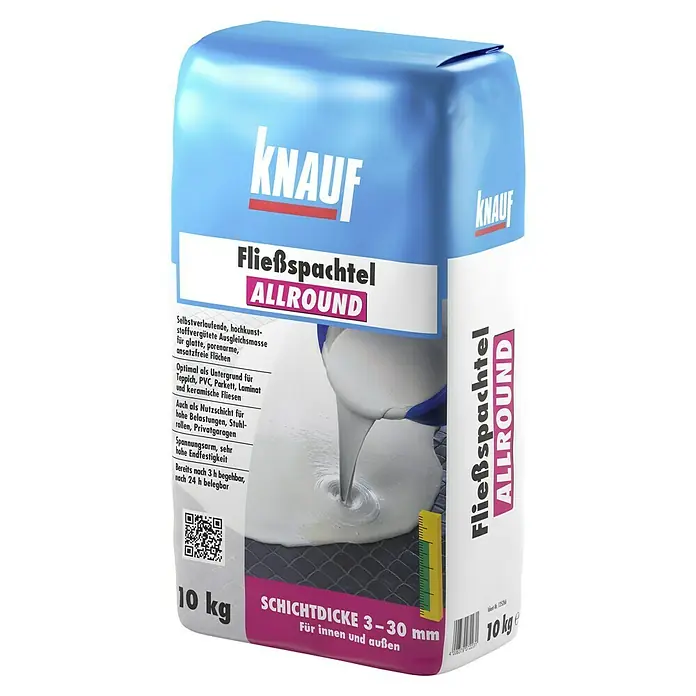 Knauf Fließspachtel allround - 10 kg, Schichtdicke: 3 mm - 30 mm - Sack Knauf Fließspachtel Allround, selbstverlaufende Ausgleichsmasse für glatte Flächen, optimal für diverse Bodenbeläge, 10 kg.