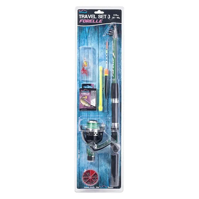 Westline Angel-Set Travel - Länge: 2,1 m - Produktaufnahme eines Angelsets "Travel Set 3 Forelle" von Westline, komplett mit Rute, Rolle und Zubehör für Forellenfänge.