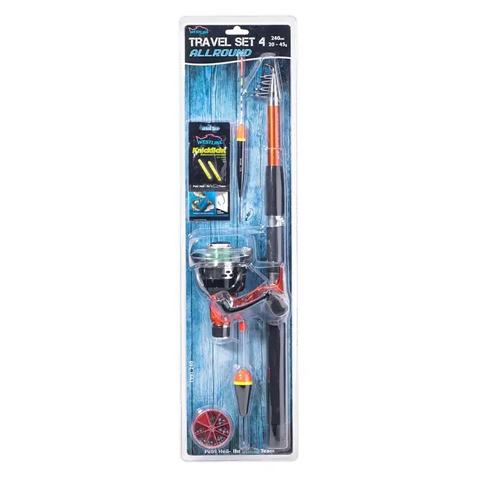 Westline Angel-Set Travel - Länge: 2,4 m - Abbildung eines Angelsets "Travel Set 4 Allround" der Marke Westline, bestehend aus Rute, Rolle und Zubehör.