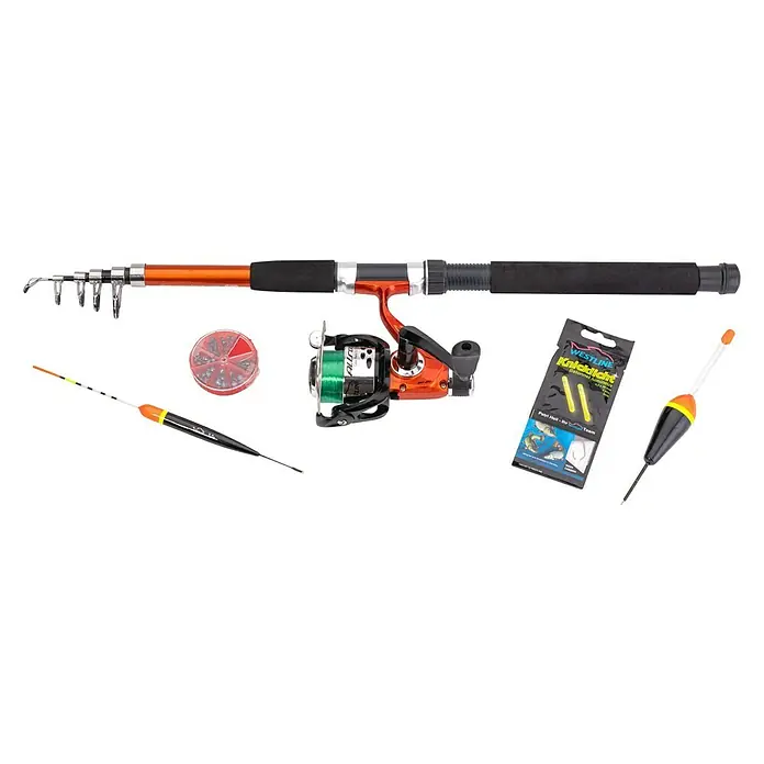 Westline Angel-Set Travel - Länge: 2,4 m - Angelset mit Teleskoprute, Rolle, Pose, Gewichten und Knicklichtern, ideal für Anfänger und erfahrene Angler.