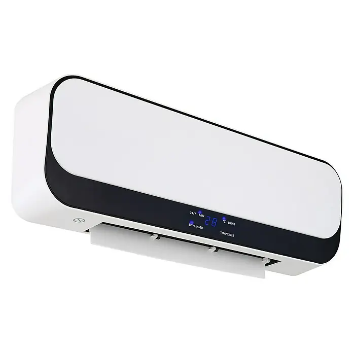 Voltomat HEATING Heizlüfter - 1.000 W - 2.000 W, Weiß/Schwarz, 14,4 x 55,7 x 18,5 cm - Nahaufnahme einer weißen Wandklimaanlage mit digitaler Anzeige auf schwarzem Hintergrund.