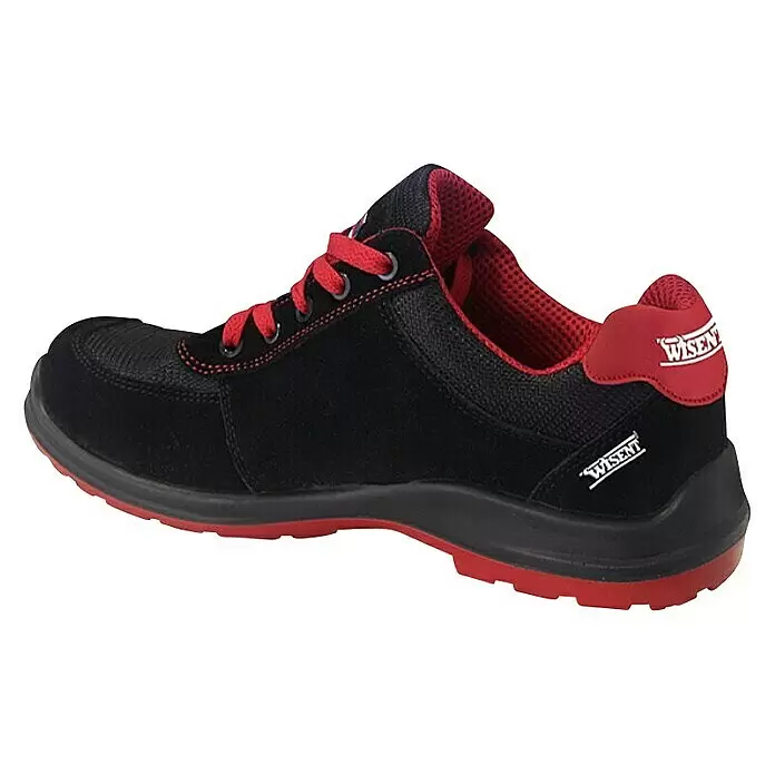 Wisent Zapato bajo de seguridad - 46, Clase de protección según EN ISO 20345: S1P, Negro/Rojo - Zapato de seguridad negro y rojo con cordones, suela roja y el logo 'WISENT' en el talón.