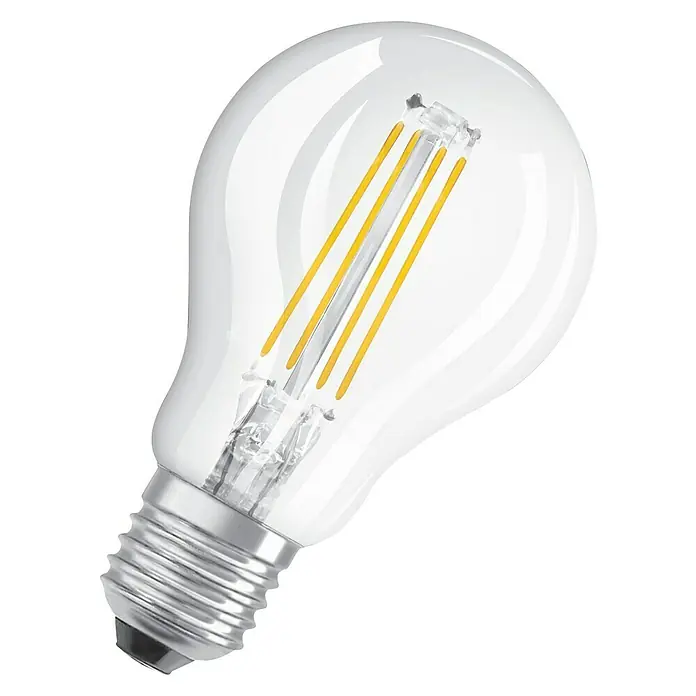 Osram Retrofit LED-Lampe CLP - E27, Nicht Dimmbar, Kaltweiß, 470 lm, 4 W - Nahaufnahme einer OSRAM LED-Lampe mit klarem Glaskolben und sichtbaren LED-Filamenten vor schwarzem Hintergrund.