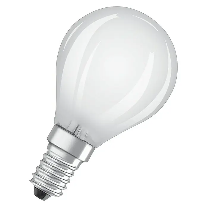 Osram Retrofit LED-Lampe Tropfenform E14 matt - E14, Nicht Dimmbar, Kaltweiß, 470 lm, 4 W, Matt - Nahaufnahme einer matten, birnenförmigen Glühbirne mit einem silbernen Schraubsockel auf schwarzem Hintergrund.