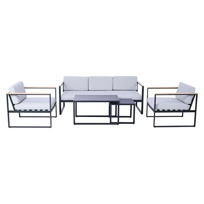 SENSUM Conjunto de muebles Inari - 5 pzs., Aluminio, Negro - Elegante conjunto de sala de estar para exteriores con sofá, sillones y mesas en gris y efecto madera. Perfecto para momentos de relax en el jardín.