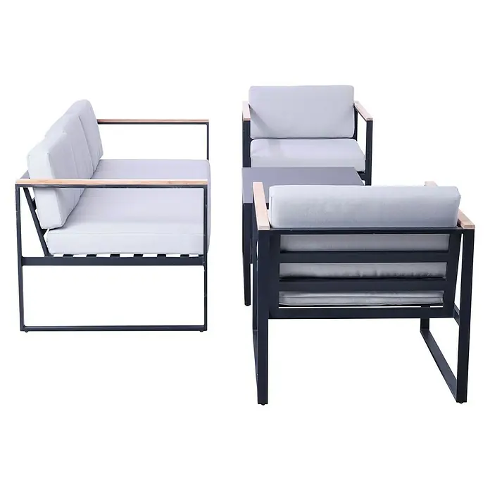 SENSUM Conjunto de muebles Inari - 5 pzs., Aluminio, Negro - Elegante conjunto de muebles de jardín con sofá, sillones y mesa. Los cojines grises y el diseño moderno invitan a la relajación al aire libre.