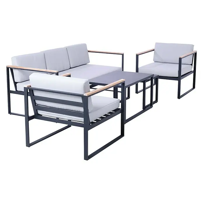 SENSUM Conjunto de muebles Inari - 5 pzs., Aluminio, Negro - Elegante conjunto de muebles de jardín con sofá, sillones y mesa. El conjunto tiene marcos metálicos grises y cojines gris claro para confort al aire libre.