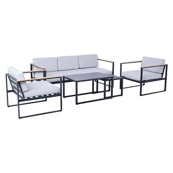 SENSUM Conjunto de muebles Inari - 5 pzs., Aluminio, Negro - Un moderno conjunto de muebles de exterior con un sofá gris, sillones y una mesa, ideal para relajarse al aire libre.