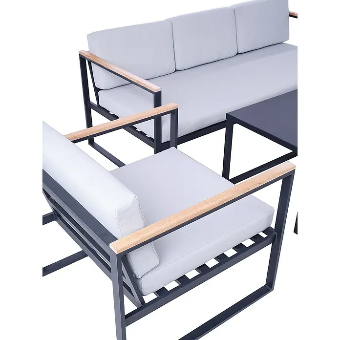 SENSUM Conjunto de muebles Inari - 5 pzs., Aluminio, Negro - Juego de muebles de exterior con sofá, sillón y mesa. El conjunto tiene un aspecto moderno con tela gris y detalles de madera.