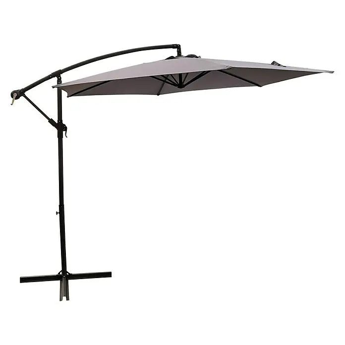 Parasol de jardín Enna - Taupe, Diámetro de cobertura: 300 cm, Aluminio - Primer plano de una sombrilla voladiza gris con marco negro. Ideal para jardines o patios.
