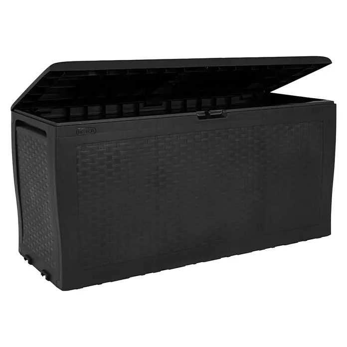 Keter Baúl para jardín Samoa - L x An x Al: 44,7 x 116,4 x 57 cm, Antracita - Caja de almacenamiento Keter negra con tapa abierta y textura de mimbre, ideal para uso exterior para guardar objetos.