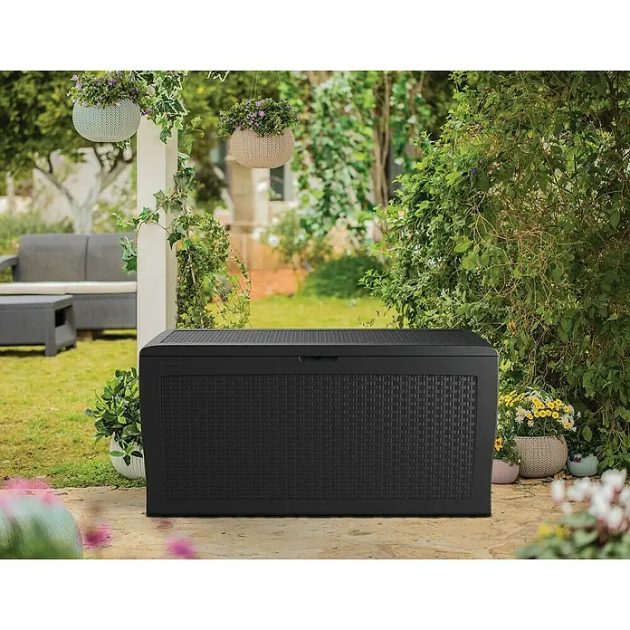 Keter Baúl para jardín Samoa - L x An x Al: 44,7 x 116,4 x 57 cm, Antracita - La espaciosa caja de almacenamiento negra para exteriores con diseño tejido se integra perfectamente en cualquier jardín y ofrece un amplio espacio.