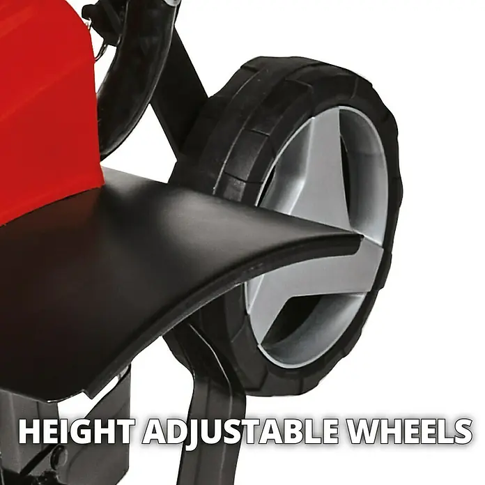 Einhell Azada eléctrica GC-RT 1545 M - 1.500 W, Anchura de trabajo: 45 cm, Profundidad de trabajo: 12 cm - 22 cm - Imagen de un detalle del producto que muestra ruedas regulables en altura, perfectas para la adaptabilidad y la fácil maniobrabilidad.