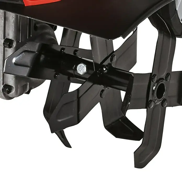 Einhell Azada eléctrica GC-RT 1545 M - 1.500 W, Anchura de trabajo: 45 cm, Profundidad de trabajo: 12 cm - 22 cm - Primer plano de una motoazada de jardín con púas negras. Ideal para el cultivo del suelo en el jardín y para aflojar la tierra.