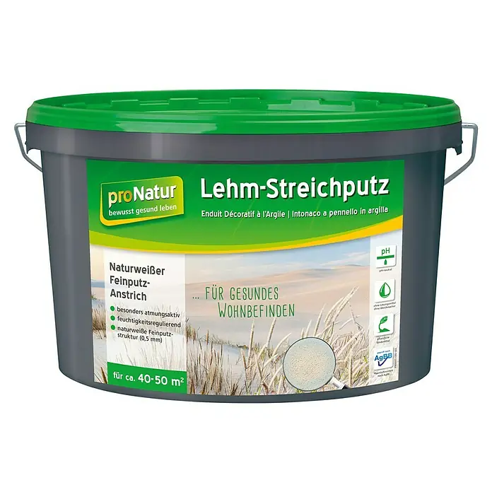 Baufan Pronatur Lehm-Streichputz - Naturweiß, 18 kg, Korngröße: Fein - Ein Eimer Naturweißer Feinputz-Anstrich von proNatur, ideal für ein gesundes Wohnbefinden und atmungsaktive, feuchtigkeitsregulierende Wände.