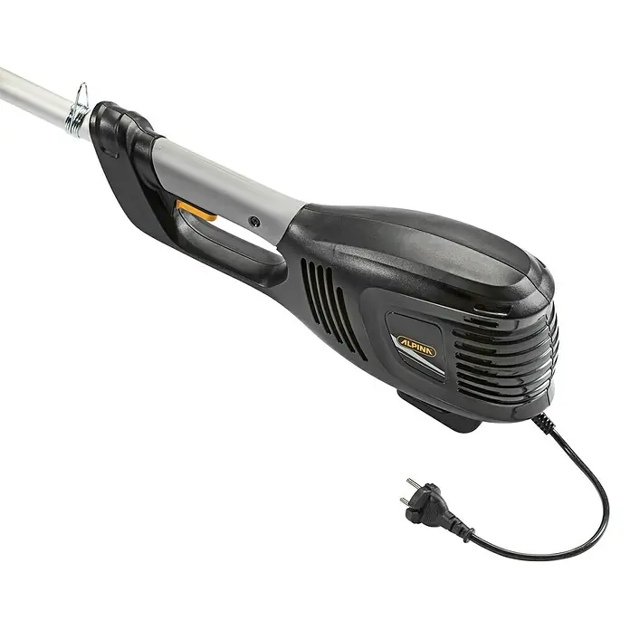 Alpina Recortabordes eléctrico ATR 1.0 EJ - 1.000 W, Ancho de corte hilo: 37 cm - Imagen de un cortacésped eléctrico Alpina con mango gris y carcasa negra sobre un fondo neutro.