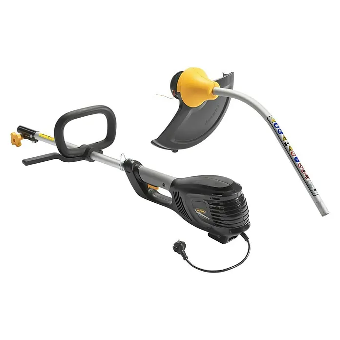 Alpina Recortabordes eléctrico ATR 1.0 EJ - 1.000 W, Ancho de corte hilo: 37 cm - En la imagen se muestra un recortador Alpina, una herramienta de jardinería para recortar césped y malas hierbas. El dispositivo tiene un motor negro y detalles amarillos.