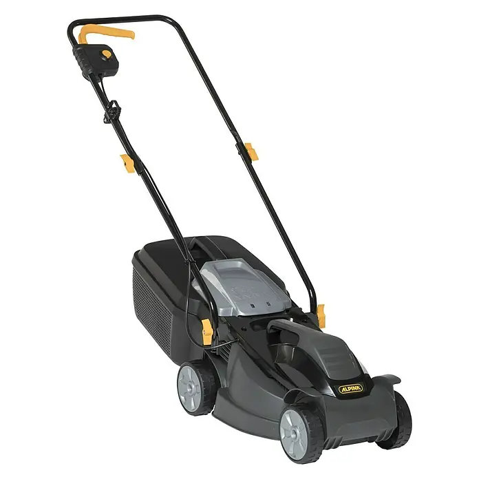 Alpina Elektro-Rasenmäher BL 320 E - 1.000 W, Schnittbreite: 32 cm - Schwarzer Alpina Rasenmäher mit gelben Akzenten und einem Fangkorb für einfaches Rasenmähen.