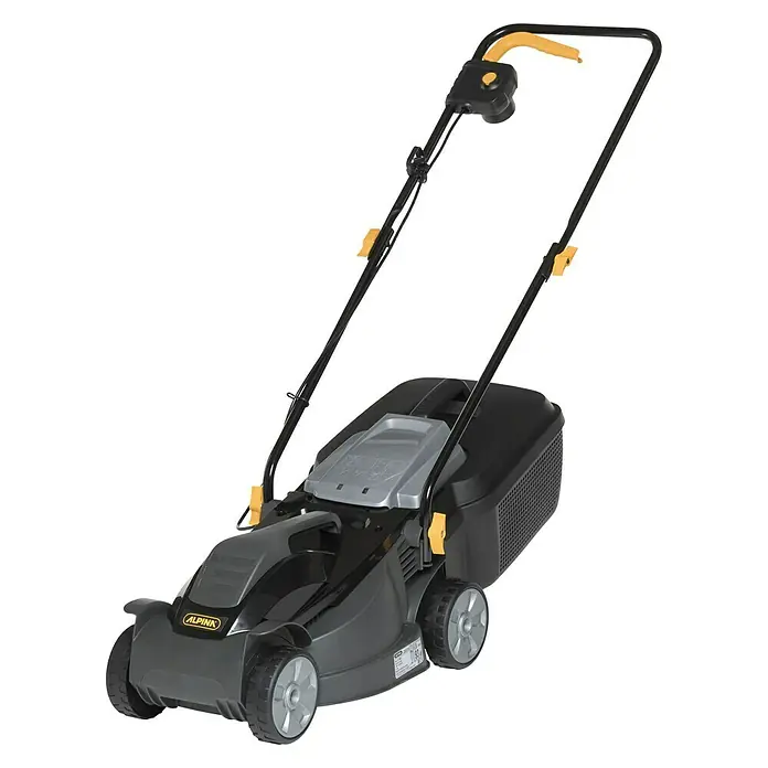 Alpina Cortacésped eléctrico BL320E - 1.000 W, Ancho de corte: 32 cm - Imagen de un cortacésped Alpina negro con detalles amarillos sobre un fondo neutro.