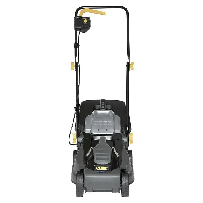 Alpina Elektro-Rasenmäher BL 320 E - 1.000 W, Schnittbreite: 32 cm - Frontansicht eines Alpina Rasenmähers in Schwarz und Grau mit gelben Akzenten.