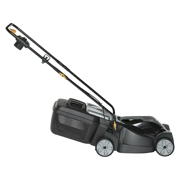 Alpina Elektro-Rasenmäher BL 320 E - 1.000 W, Schnittbreite: 32 cm - Abbildung eines schwarzen Rasenmähers mit einem gelben Akzent und einem Griff zum einfachen Schieben und Manövrieren.