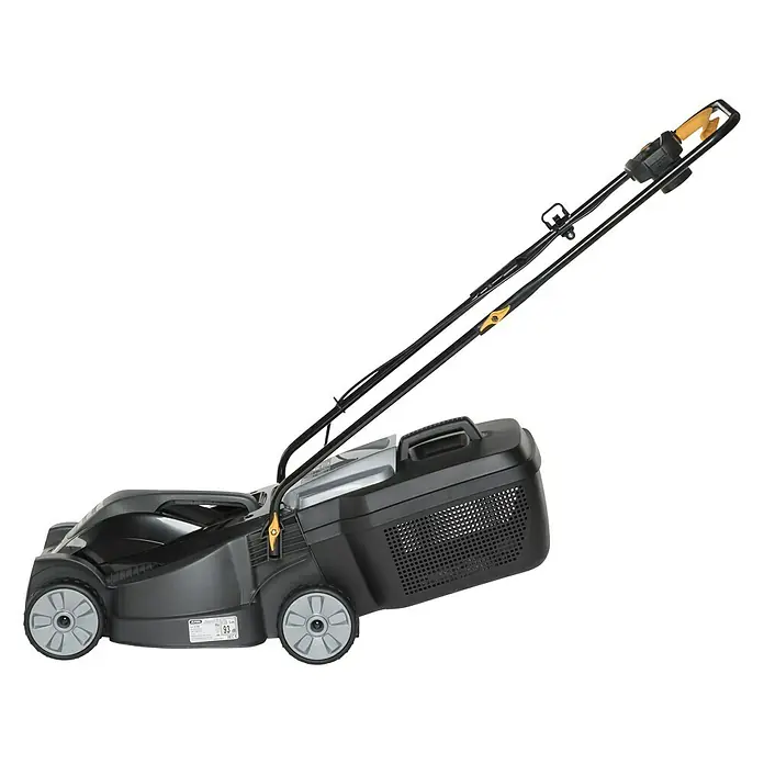 Alpina Elektro-Rasenmäher BL 320 E - 1.000 W, Schnittbreite: 32 cm - Abbildung eines schwarzen Rasenmähers mit gelben Akzenten vor einem schwarzen Hintergrund.