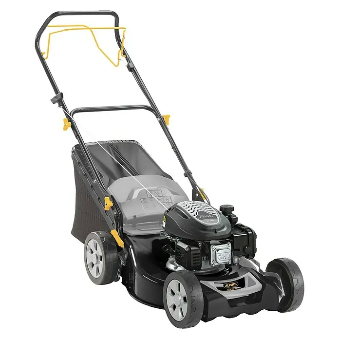 Alpina Cortacésped de gasolina AL546SA - 2,2 kW, 139 cm³, Ancho de corte: 46 cm - En la imagen, un cortacésped de gasolina Alpina con cuerpo negro y detalles amarillos, ideal para jardines medianos.