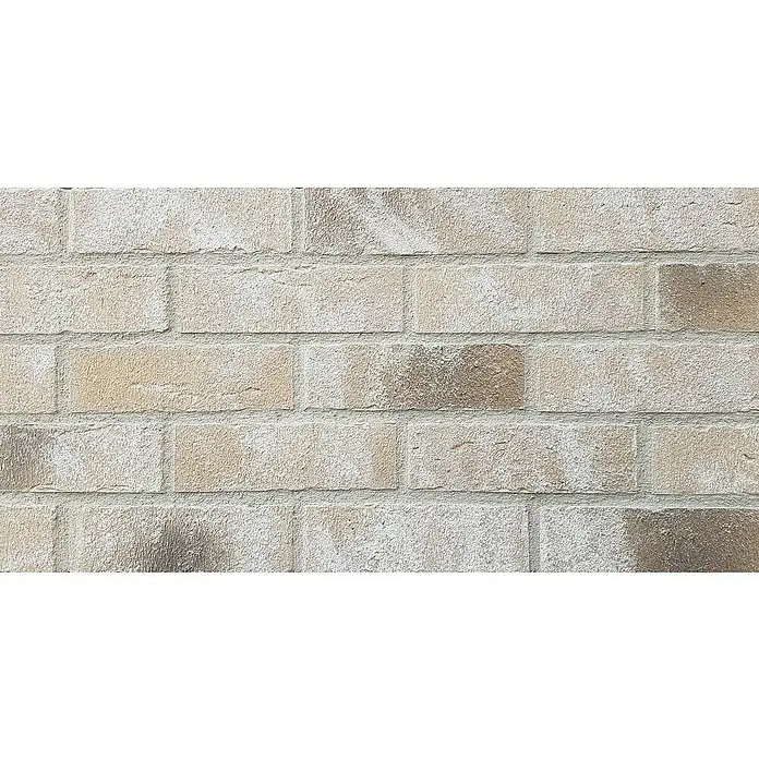 Celina Klinker Verblendstein Handstrich Valencia - 21,5 x 6,5 cm, Beige, Steinoptik - Nahaufnahme einer strukturierten Ziegelwand in Beige- und Brauntönen mit deutlichen horizontalen Linien.