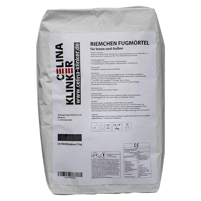 Celina Klinker Fugenmörtel - Mittelgrau - Ein Sack CELINA Klinker Fugenmörtel für den Innen- und Außenbereich, Modell CK-FM8 Mittelgrau, mit einem Gewicht von 15 kg.