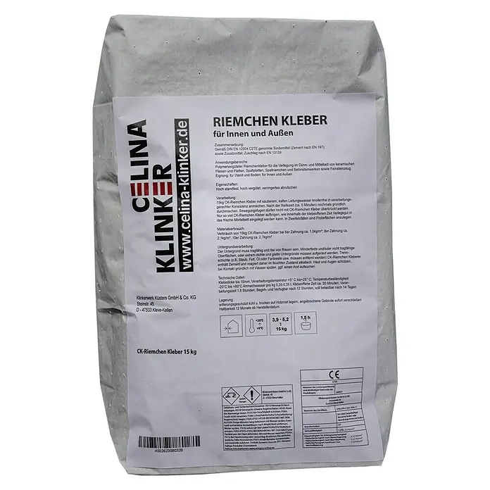 Celina Klinker Fliesenkleber - 15 kg - Sack Celina Klinker Riemchen Kleber 15 kg, ein Klebemörtel für Innen- und Außenanwendungen mit hoher Haftung und Vergütung.