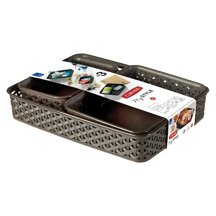 Curver My Style Set de cubos de almacenamiento - Marrón, 3 ud. - La imagen muestra un conjunto de 3 cestas de almacenamiento CURVER My Style en marrón, ideales para organizar objetos pequeños en casa.
