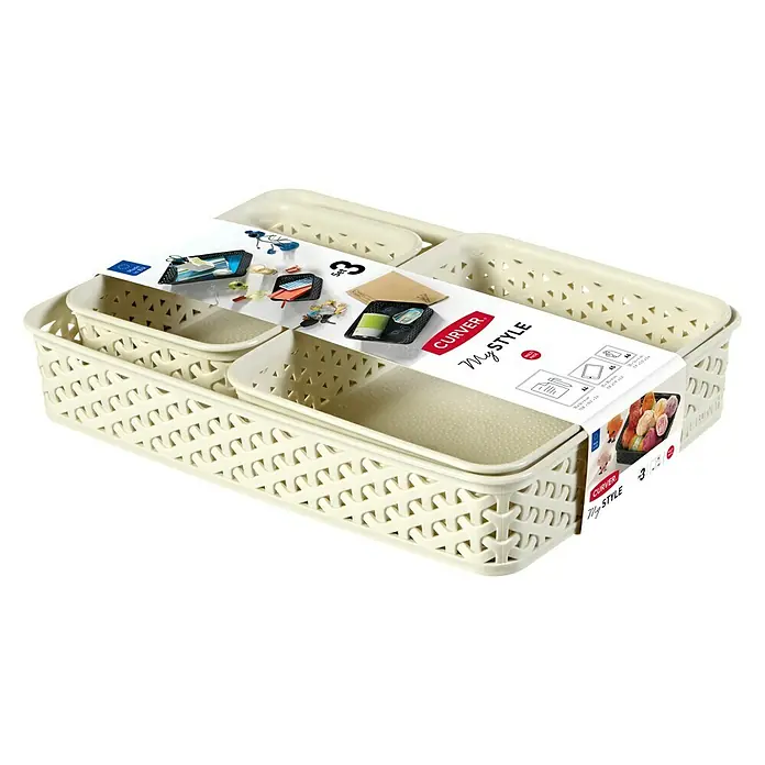 Curver My Style Set de cubos de almacenamiento - Blanco, 3 ud. - Un conjunto de tres cestas Curver My Style de color crema, ideales para organizar material de oficina y otros objetos pequeños. Las cestas están hechas de plástico con un patrón perforado.