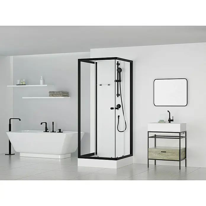Aurlane Cabina de ducha completa Multi Place - 80 x 80 x 195 cm, Blanco/Negro - Un baño moderno con bañera exenta, cabina de ducha con marco negro y tocador con espejo.