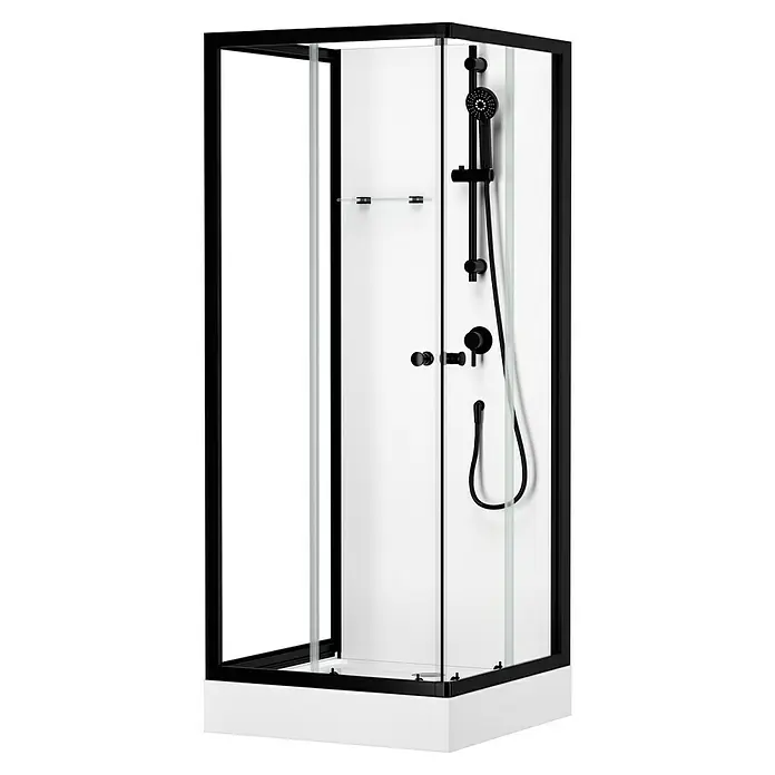 Aurlane Cabina de ducha completa Multi Place - 80 x 80 x 195 cm, Blanco/Negro - Cabina de ducha moderna con marco y accesorios negros. El diseño es minimalista y elegante, ideal para cualquier baño.
