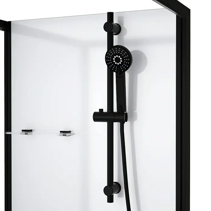 Aurlane Cabina de ducha completa Multi Place - 80 x 80 x 195 cm, Blanco/Negro - Accesorios de ducha negros con cabezal en una pared blanca. El diseño minimalista mejora cualquier baño y garantiza la comodidad.