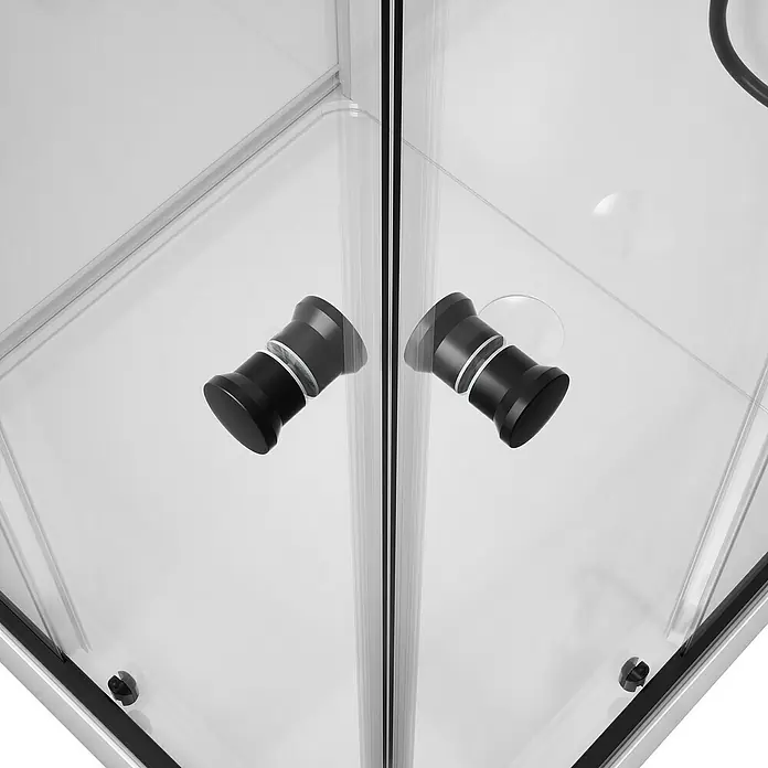 Aurlane Cabina de ducha completa Multi Place - 80 x 80 x 195 cm, Blanco/Negro - Primer plano de una moderna cabina de ducha con manijas negras y paredes de vidrio transparente. Diseño elegante para tu baño.