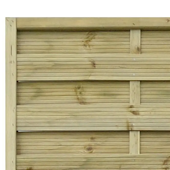 Cerland Celosía para exterior Fetiche - 90 x 180 cm, Madera, Natural - Primer plano de un panel de madera clara con tablas horizontales y soportes verticales, ideal para vallas de jardín elegantes.