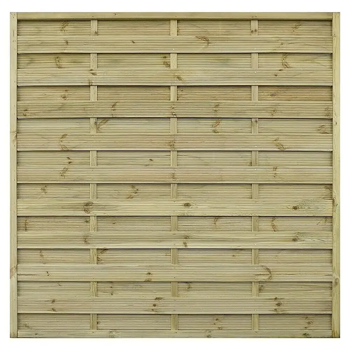 Cerland Celosía para exterior Fetiche - 1,8 x 1,8 m, Madera, Natural - Primer plano de una elegante valla de privacidad hecha de madera clara con tablones horizontales y grano distintivo.
