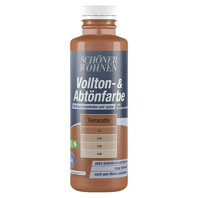 SCHÖNER WOHNEN-Farbe Vollton- & Abtönfarbe - Terracotta, Matt, 500 ml - Eine Flasche Schöner Wohnen Vollton- & Abtönfarbe in Terracotta, ideal zum Mischen von Farben für Innen- und Außenbereiche.
