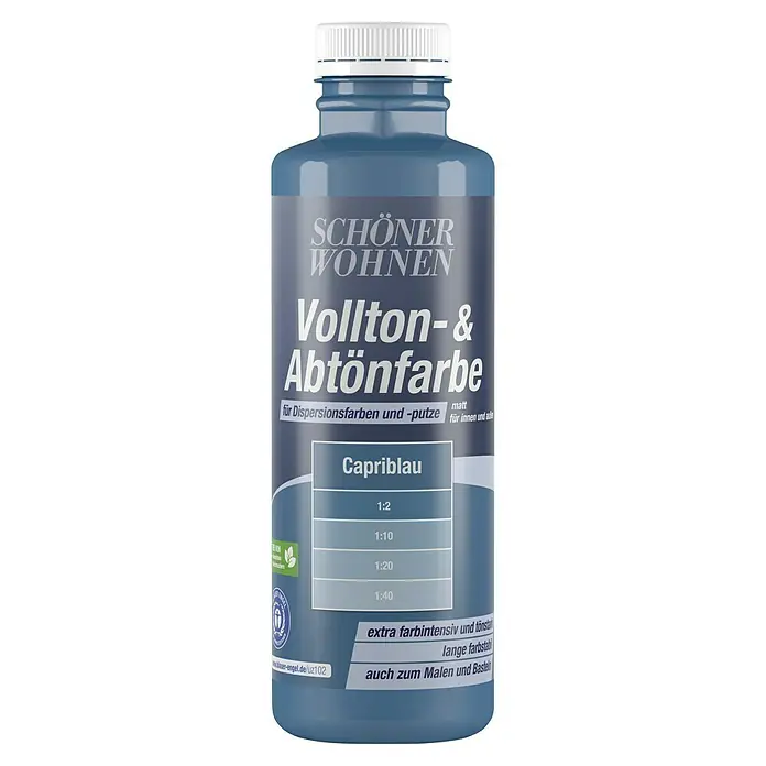 SCHÖNER WOHNEN-Farbe Vollton- & Abtönfarbe - Capriblau, Matt, 500 ml - Flasche Schön Wohnen Vollton- & Abtönfarbe Capriblau, geeignet für Dispersionsfarben und Putze, sowohl für Innen- als auch Außenbereiche.
