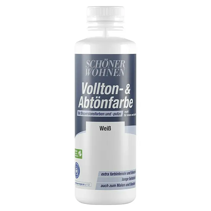 SCHÖNER WOHNEN-Farbe Vollton- & Abtönfarbe - Weiß, Matt, 500 ml - Flasche Schönner Wohnen Vollton- & Abtönfarbe in Weiß, geeignet für Dispersionsfarben und Putze, für den Innen- und Außenbereich.
