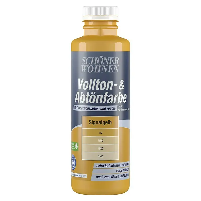 SCHÖNER WOHNEN-Farbe Vollton- & Abtönfarbe - Signalgelb, Matt, 500 ml - Produktbild einer Flasche Schöner Wohnen Vollton- & Abtönfarbe Signalgelb für Dispersionsfarben und -putze.